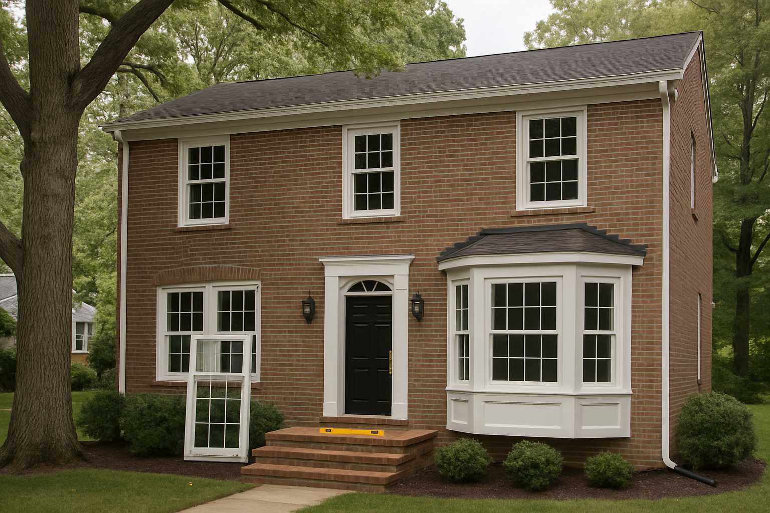 Brick colonial with new double-hung replacement windows, a white bay window and a boxed window unit by the front steps in Bowie, MD