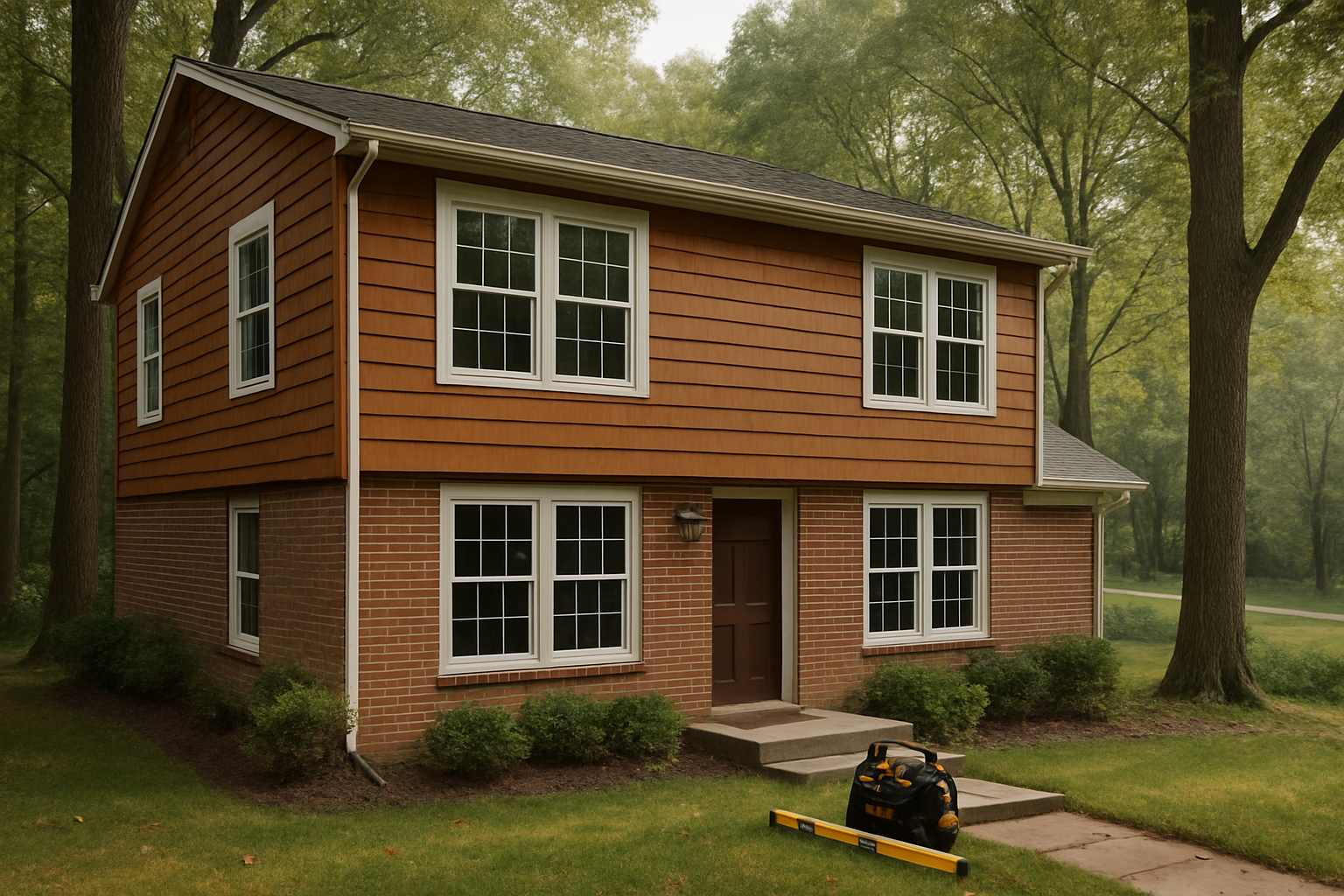 Split-level brick and cedar home with new double-hung replacement windows and an installer's level on the steps in Columbia, MD