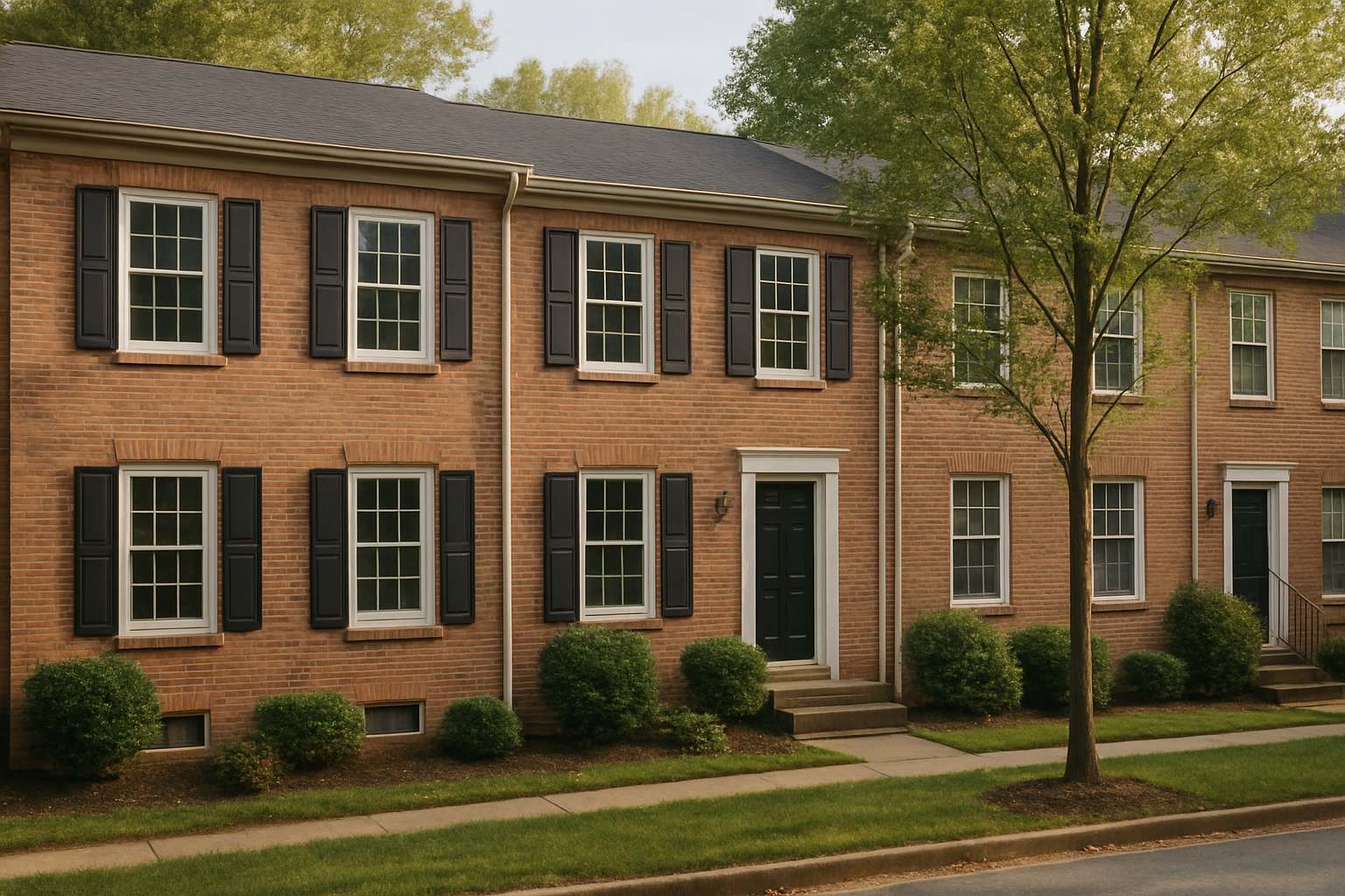 Brick townhomes with new double-hung replacement windows, grilles and black shutters on a tree-lined street in Gaithersburg, MD