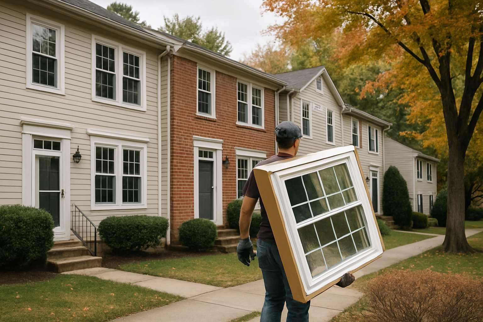 Vinyl-sided and brick-front townhomes with new double-hung replacement windows and an installer carrying a boxed window unit up the walk in Germantown, MD