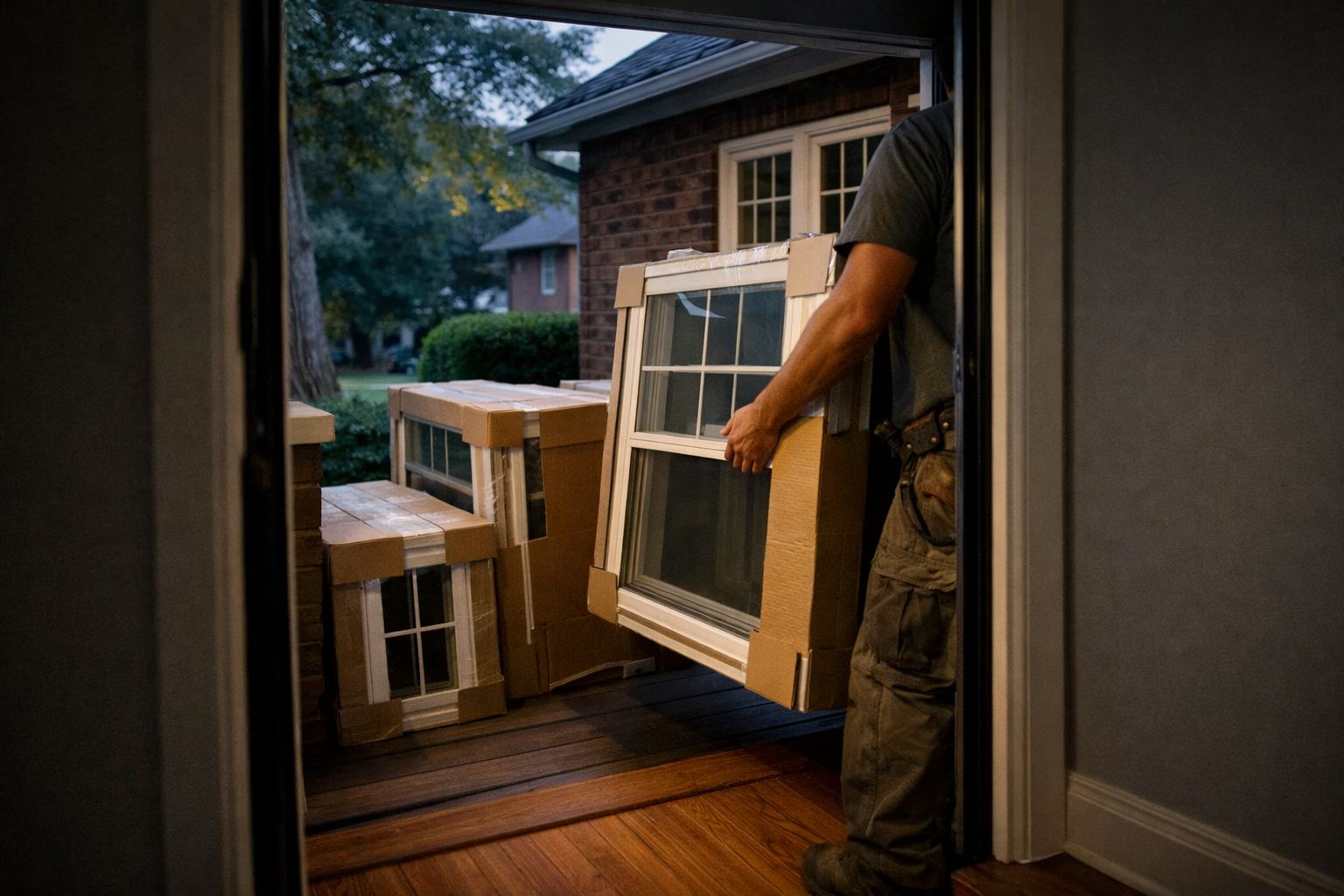Installer carrying a boxed new double-hung window past staged window units on the porch of a brick bungalow in Hyattsville, MD, seen through the front doorway at dusk