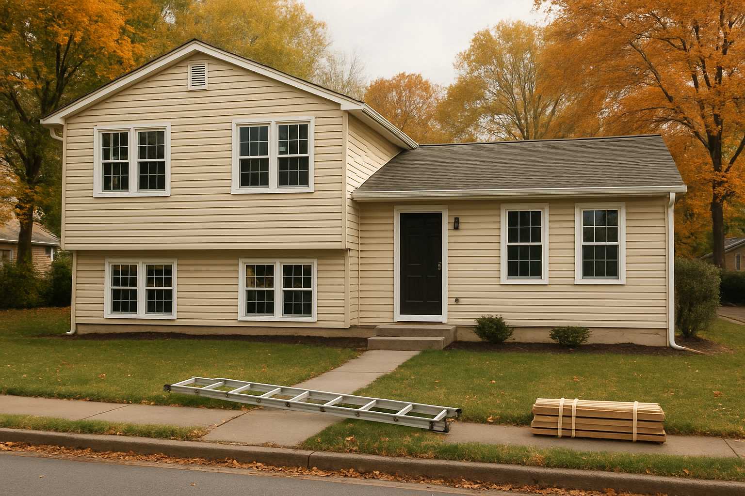 Vinyl-sided split-level home with new double-hung replacement windows, a ladder and shim bundle on the front walk in Laurel, MD in autumn