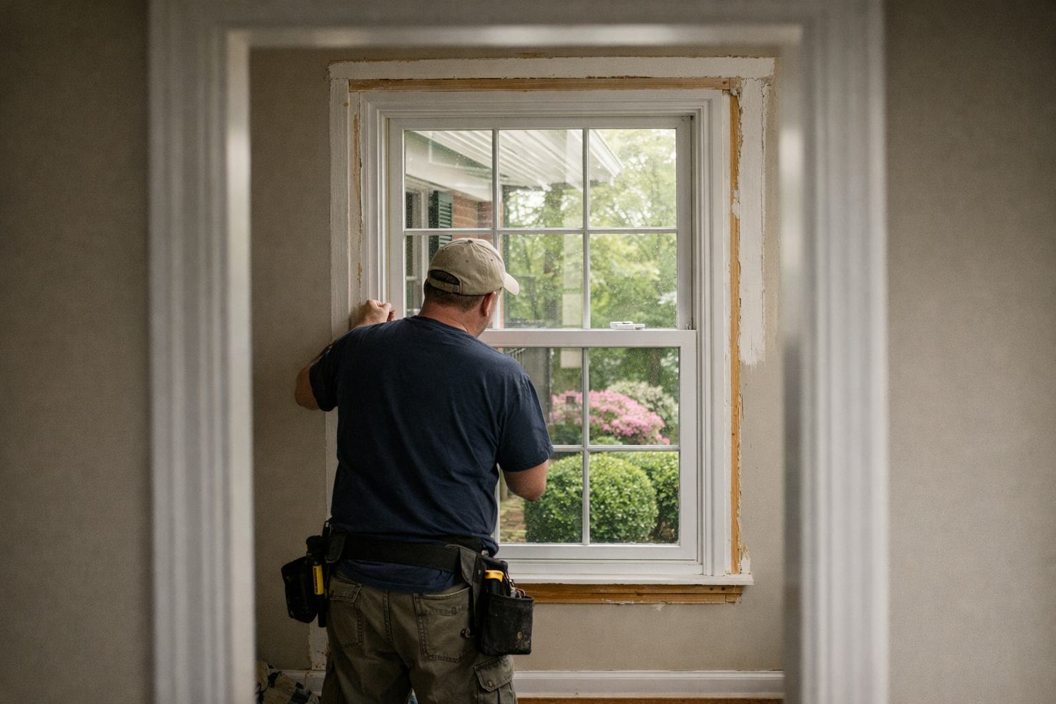 Installer seen from behind adjusting a new double-hung replacement window with grilles in a brick colonial home in Montgomery County, MD, viewed through a doorway