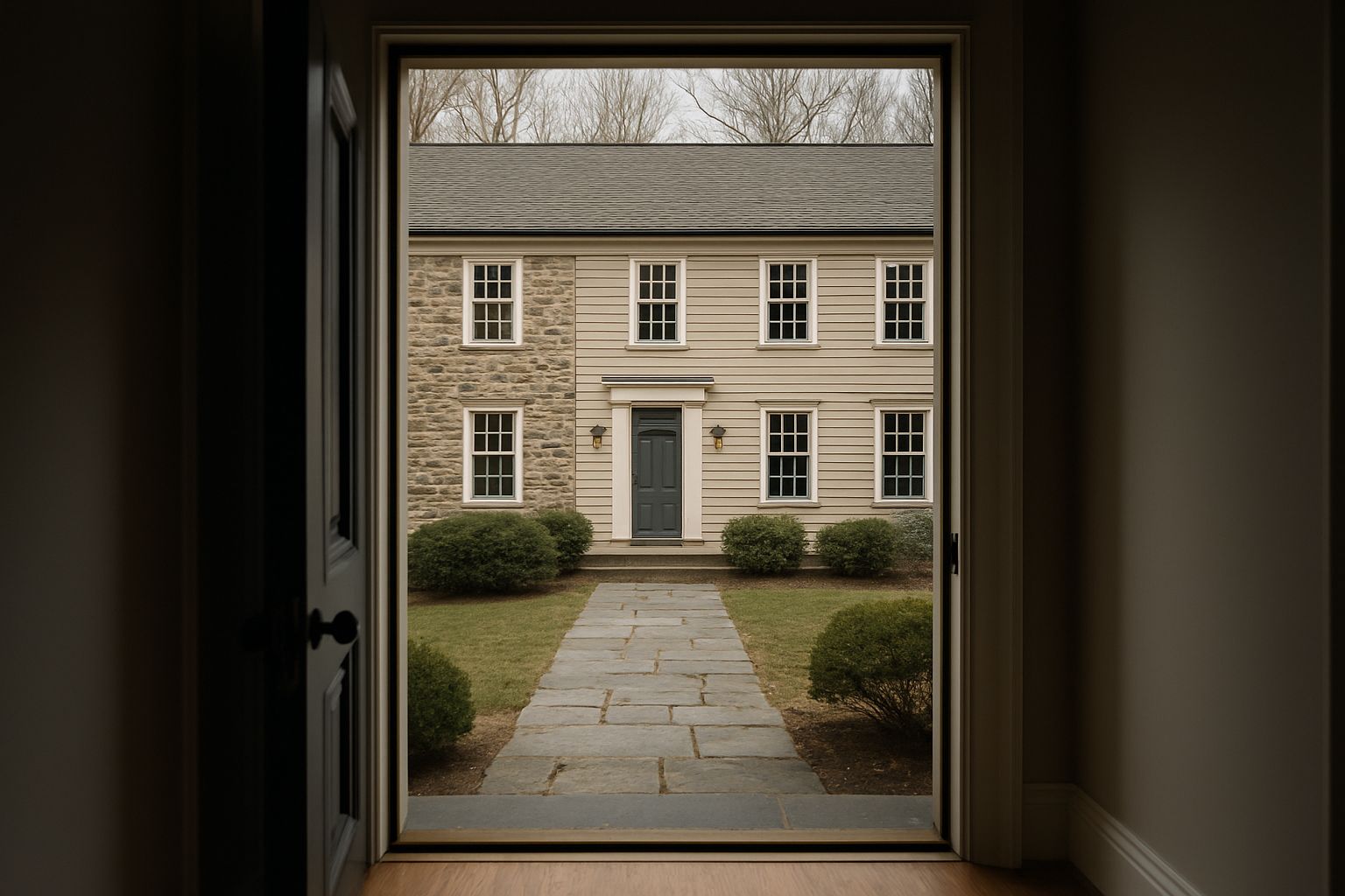 Stone and clapboard colonial with new double-hung replacement windows seen through a doorway on a wooded lot in Potomac, MD
