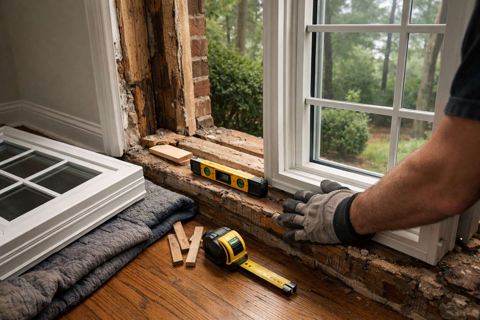 Gloved hand steadying a new grilled replacement window at the sill of a bare rough opening, with shims, a level and a tape measure, in a brick colonial home in Silver Spring, MD