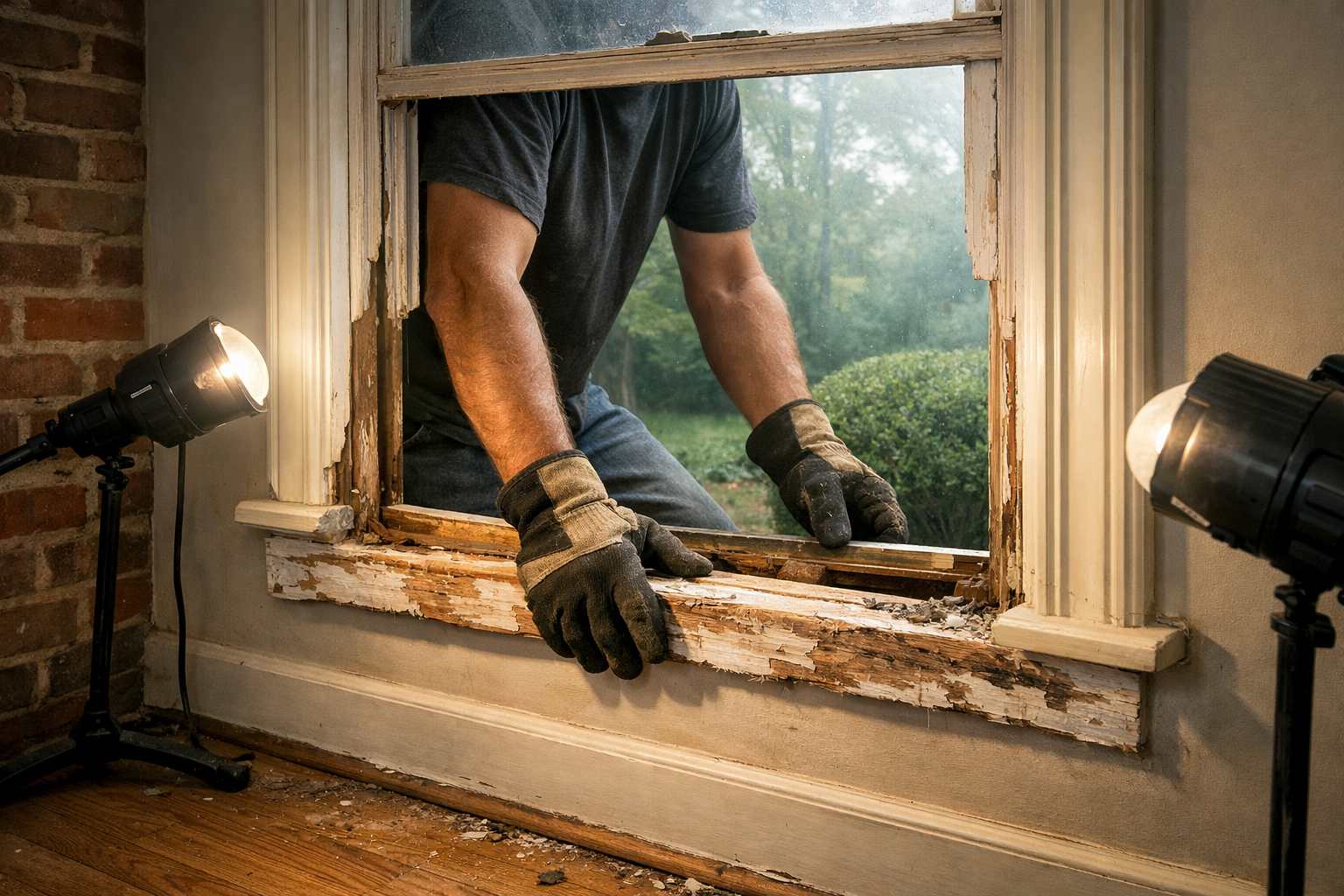 Gloved hands resting on a worn, peeling wood sill and sash opening in a brick colonial home in Silver Spring, MD, lit by work lights